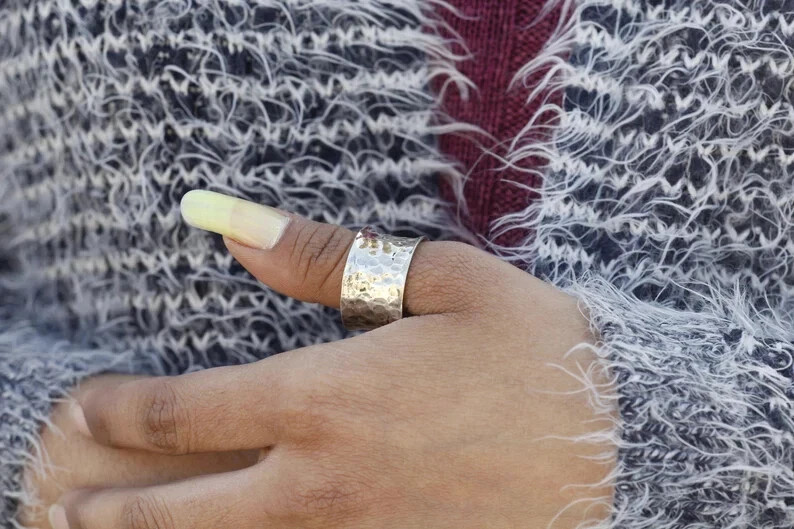 925 Sterling Silver, Solid Silver, Band Ring, Hammer Wide Cigar Band Ring