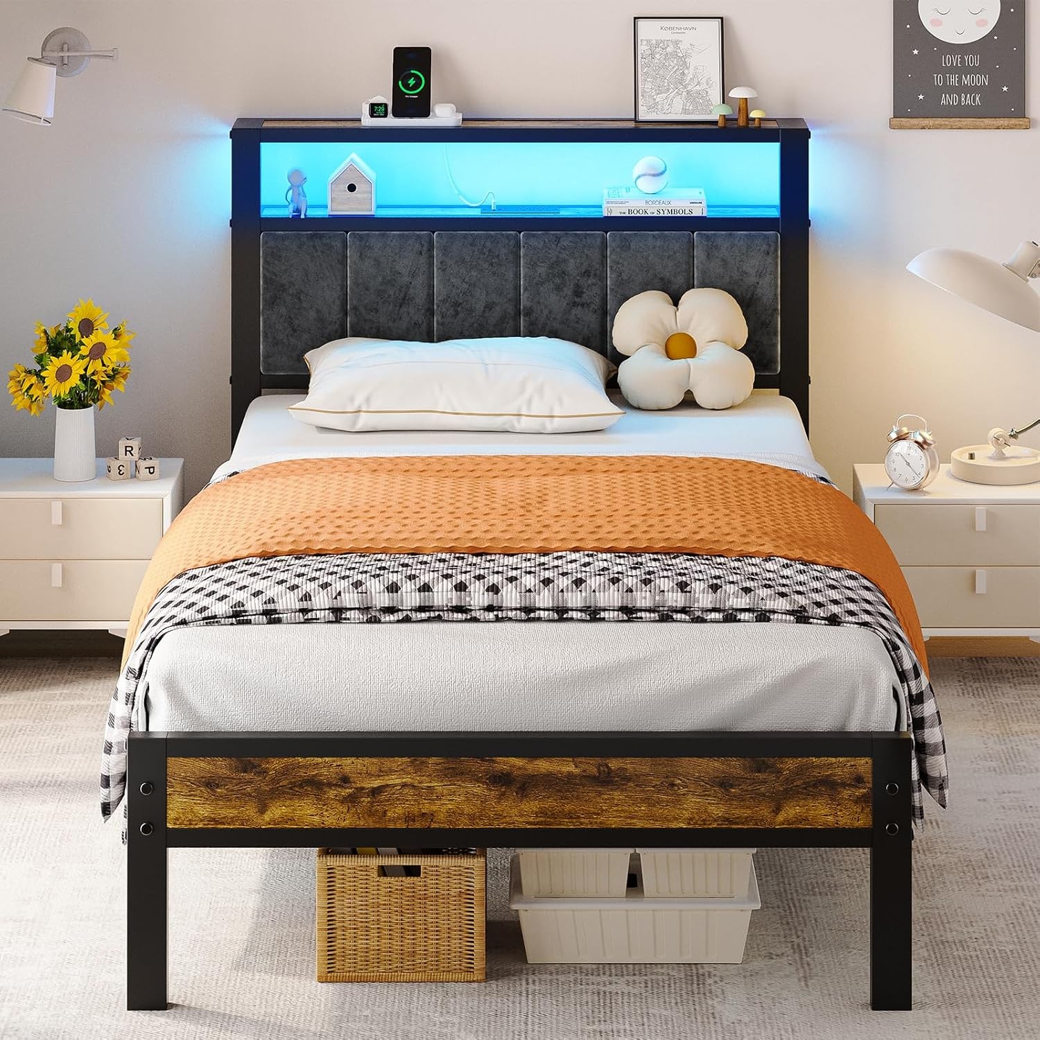 Twin Size Bed Frame with LED Lights Grey Upholstered Headboard | Platform Bed