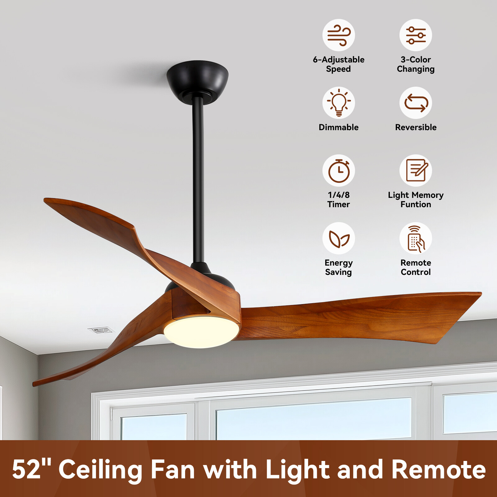 Bedroom Black Curved Solid Wood Ceiling Fan Light Kits W/ Remote for Farmhouse
