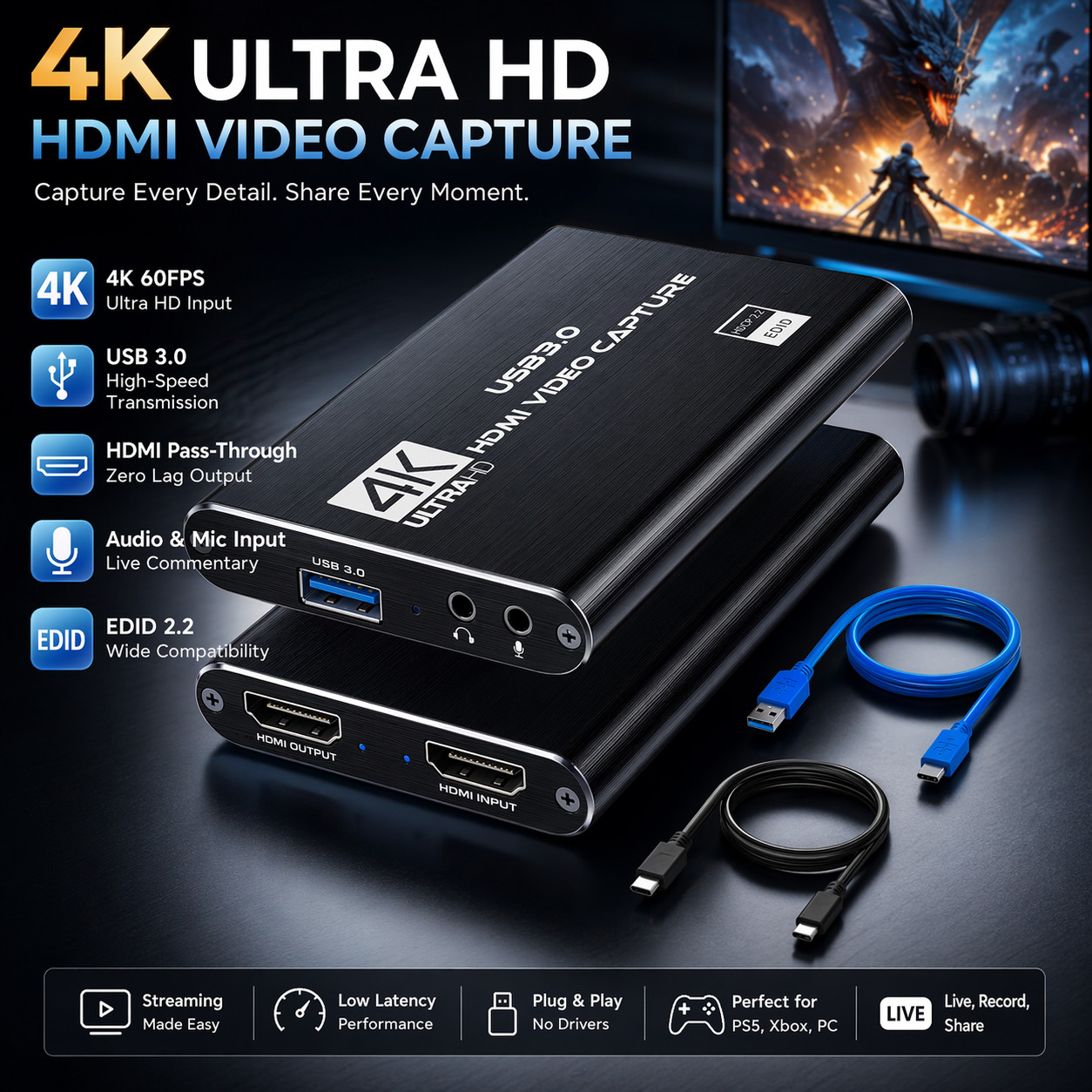Tarjeta de captura HDMI 4K USB 3.0 – Grabadora de vídeo 1080P a 60 FPS para stre