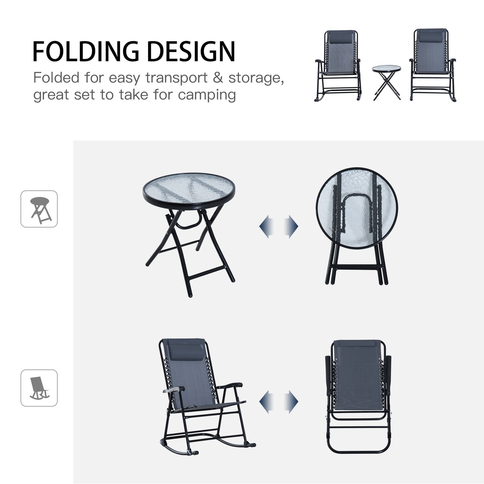 Portable Folding Bistro Set 2 Rocking Chairs 1 Side Table 18"Dia