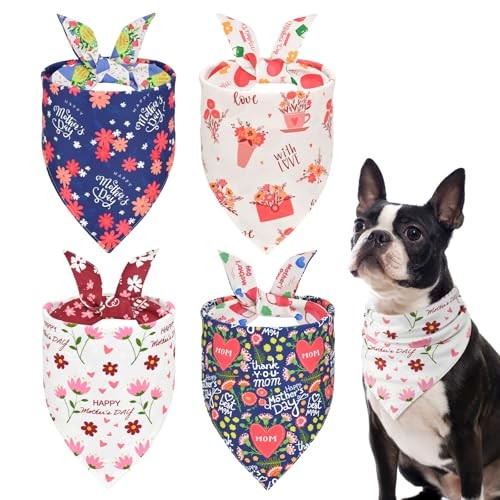 4PCS Reversible Mother's Day Dog Bandanas Adjustable Flowers with Love Pattern