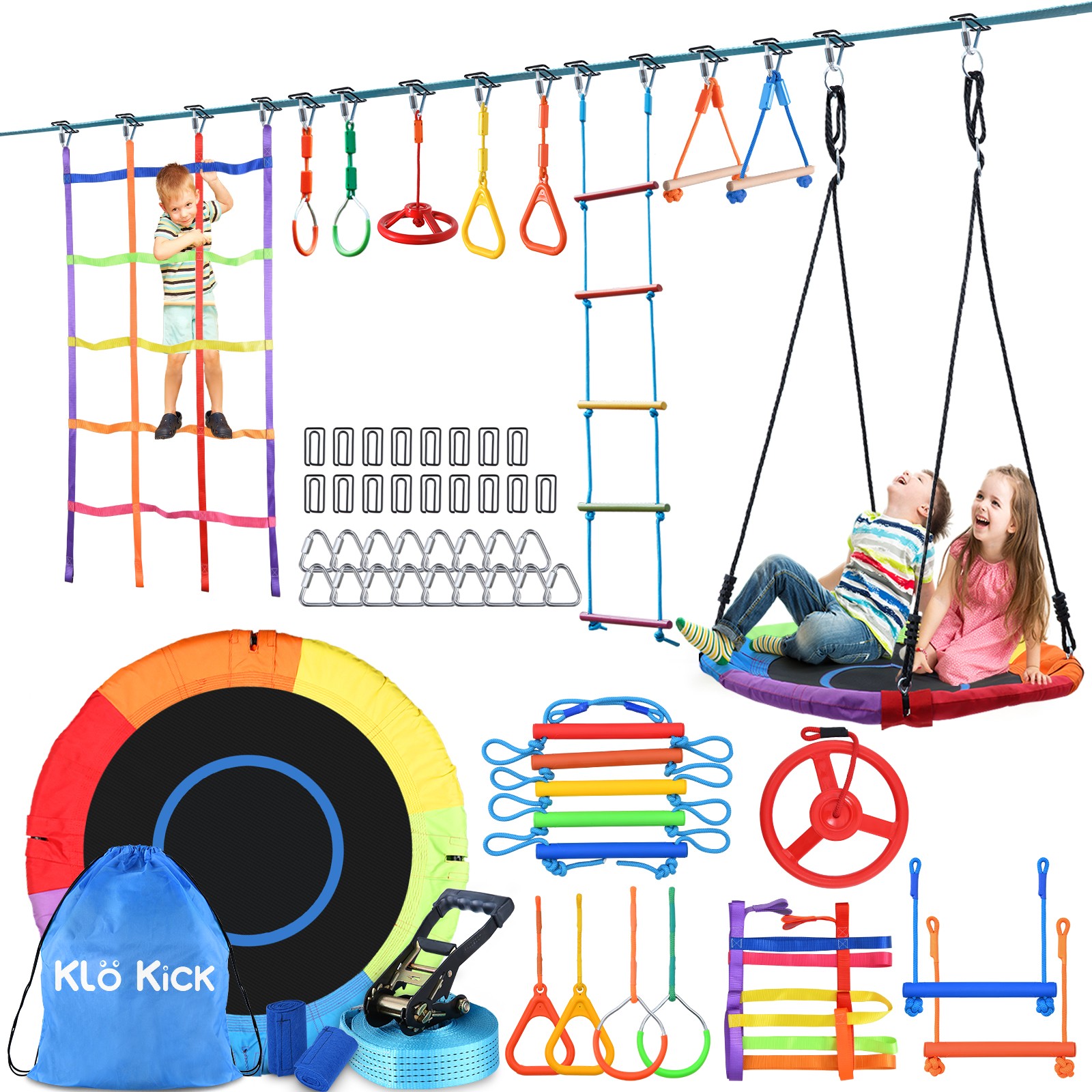 50ft Ninja Warrior Obstacle Course for Kids Slackline with Swing Seat Monkey Bar