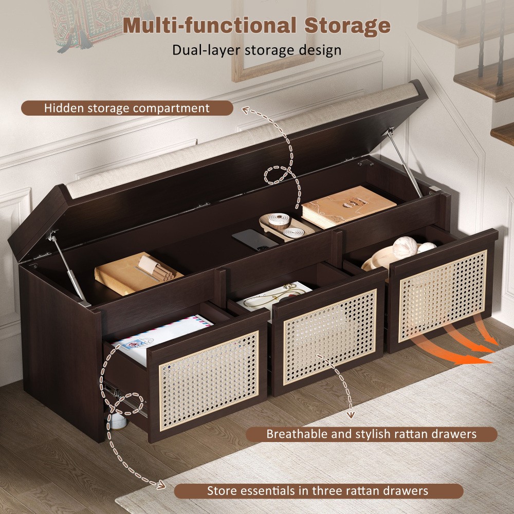 Entryway Shoe Bench, Retro Storage Bench with Rattan Drawers & Removable Button