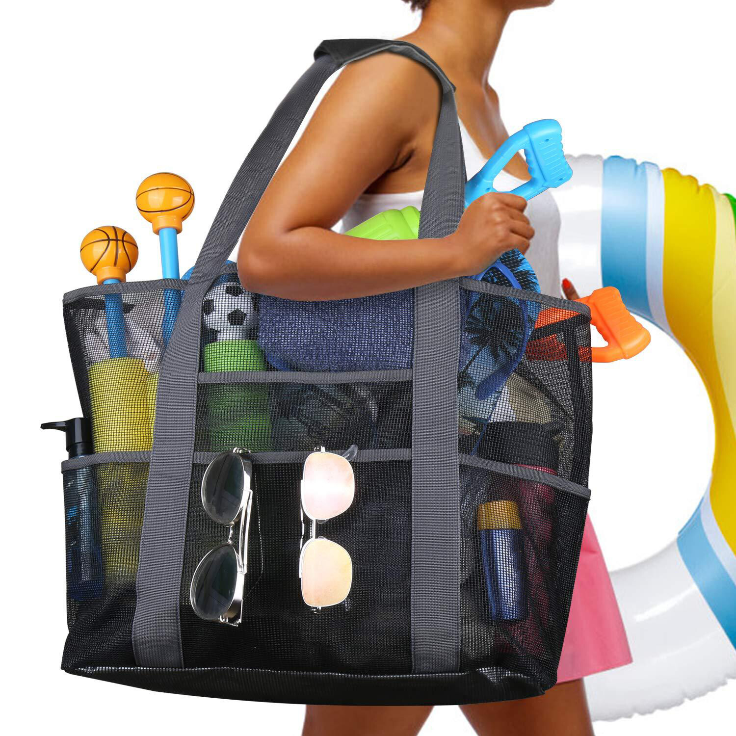 Extra Large Summer Beach Mesh Bag Picnic Tote w/Zipper N 8 Pockets XL 28"x15"x7"