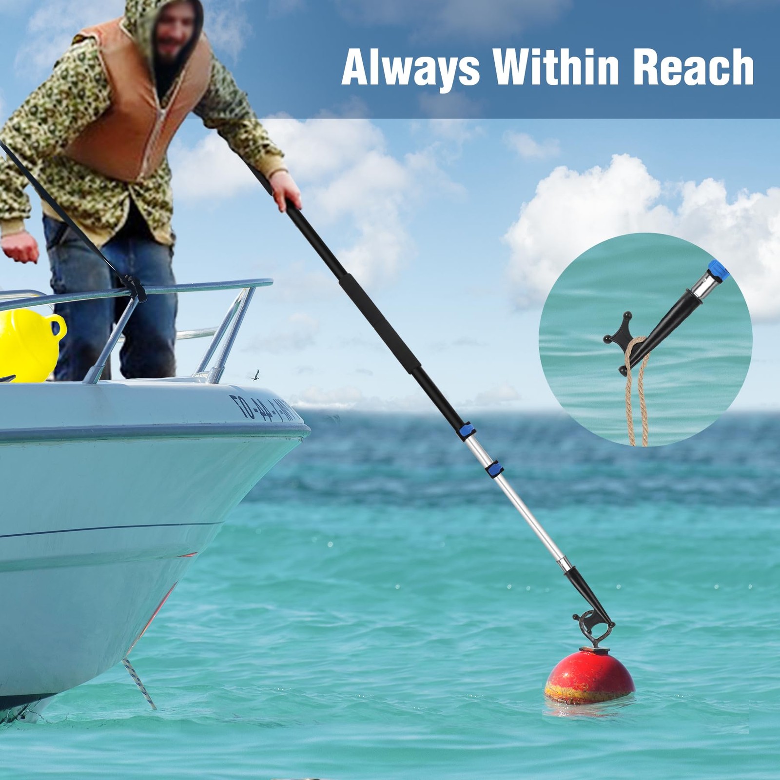 Lineslife Boat Hook: 4-8ft Telescoping Pole, Floating, Sturdy, Rust-Resistant
