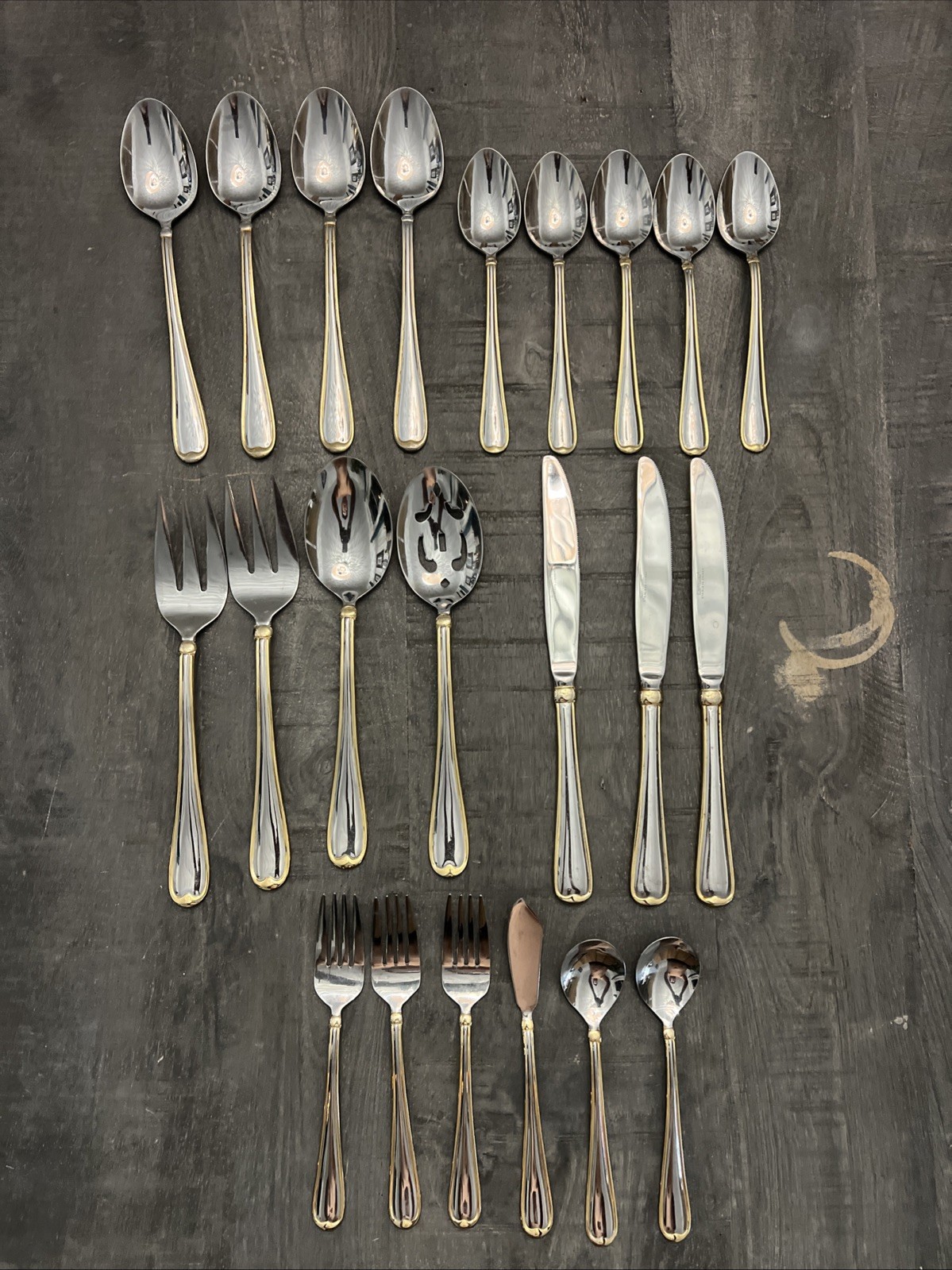 Cambridge Allure Gold Accent Forks Spoons Knives Stainless Flatware 22 Piece Lot