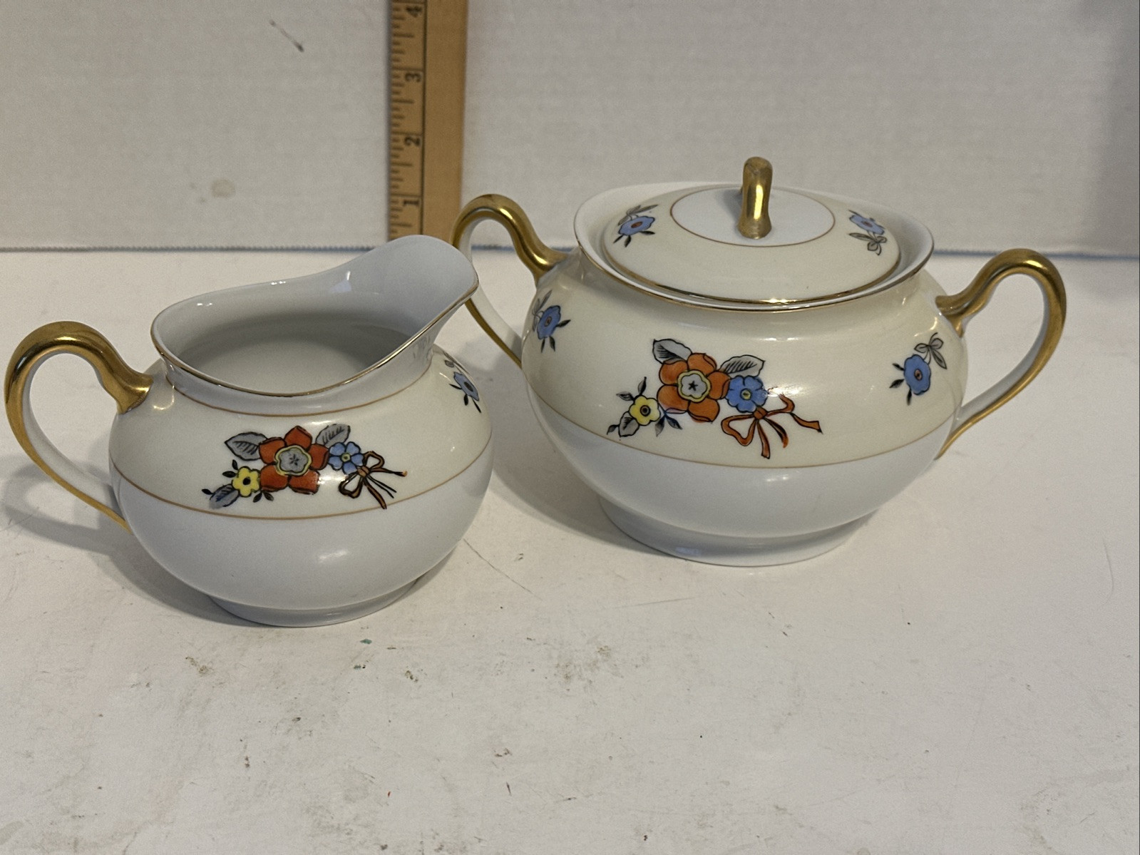 Vtg Depression Era Mento China Hand Painted Japan Floral Motif Creamer & Sugar