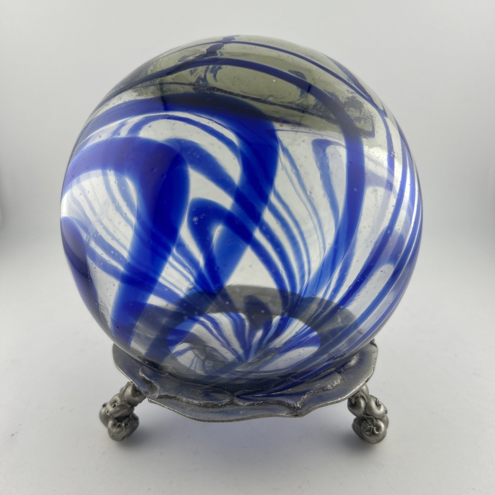 Cobalt Blue Swirl Art Glass Ball Garden or Table Decor NOTE