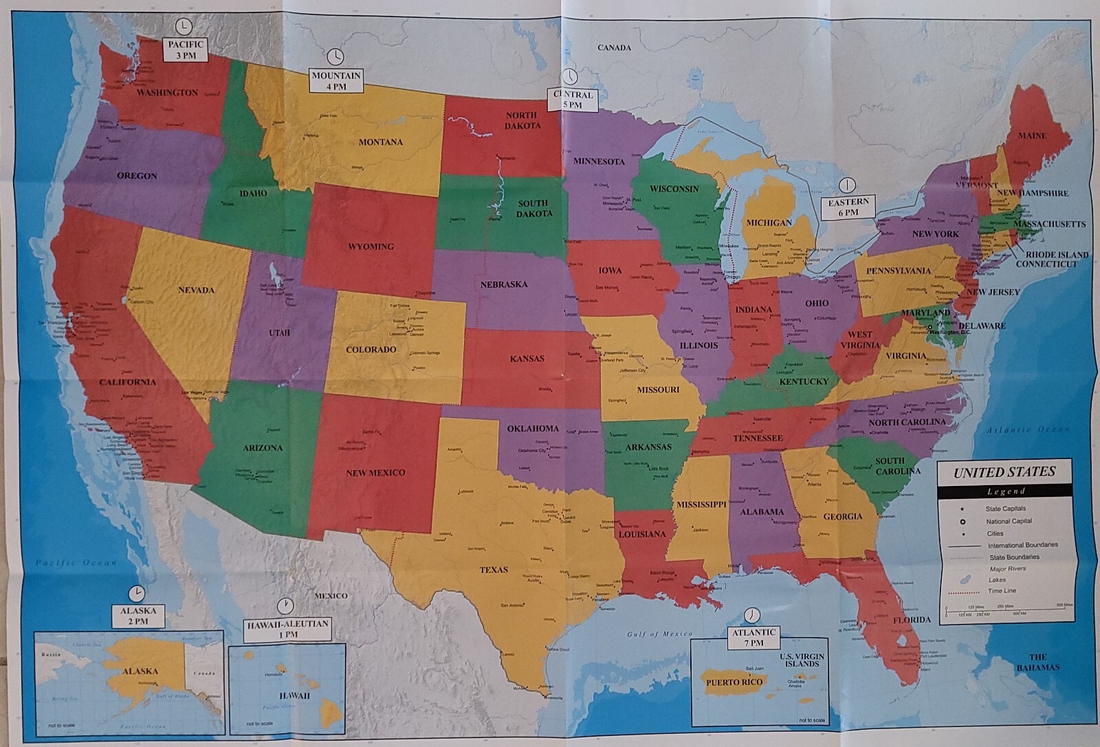 USA Wall Map United States Maps America Cities State Borders/Capitals Time Zones