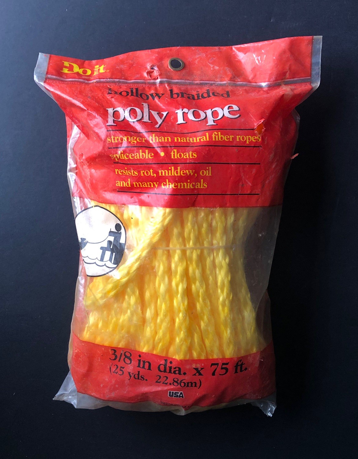 75 Ft. X 3/8" HOLLOW BRAID POLY ROPE Yellow Pkg Never Opened
