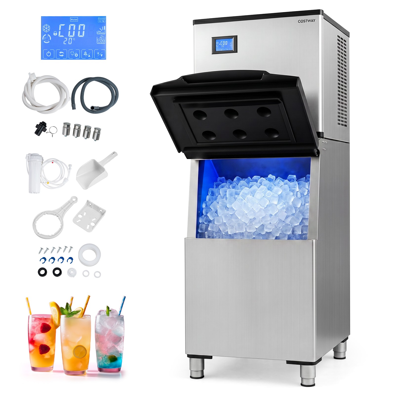 Commercial Ice Maker 450 lbs/24H Ice Machine w/250 lbs Storage Bin Self-cleaning