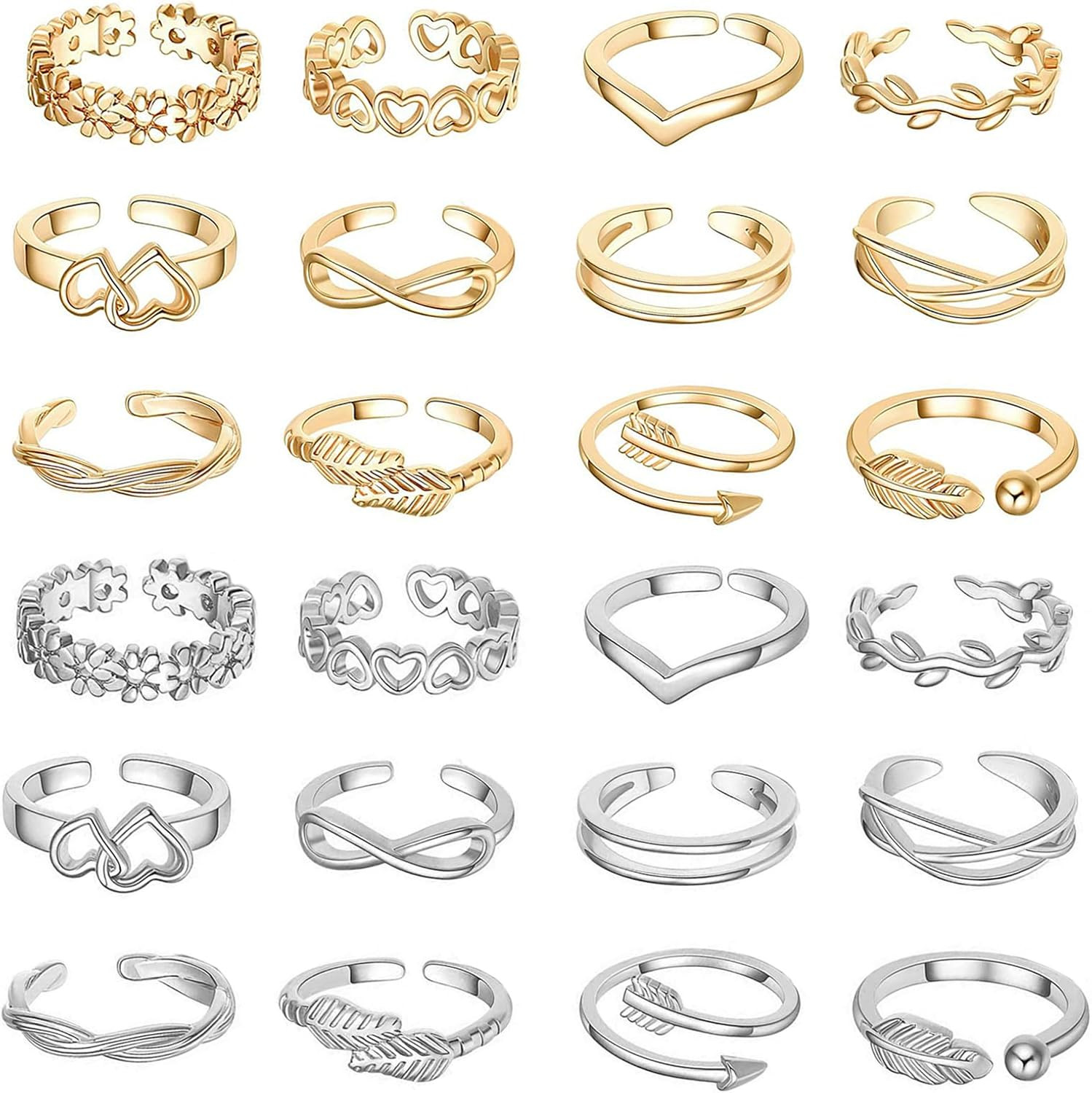 12PCS Toe Rings for Women 14K Gold/Silver Plated Adjustable Toe Ring Set Open