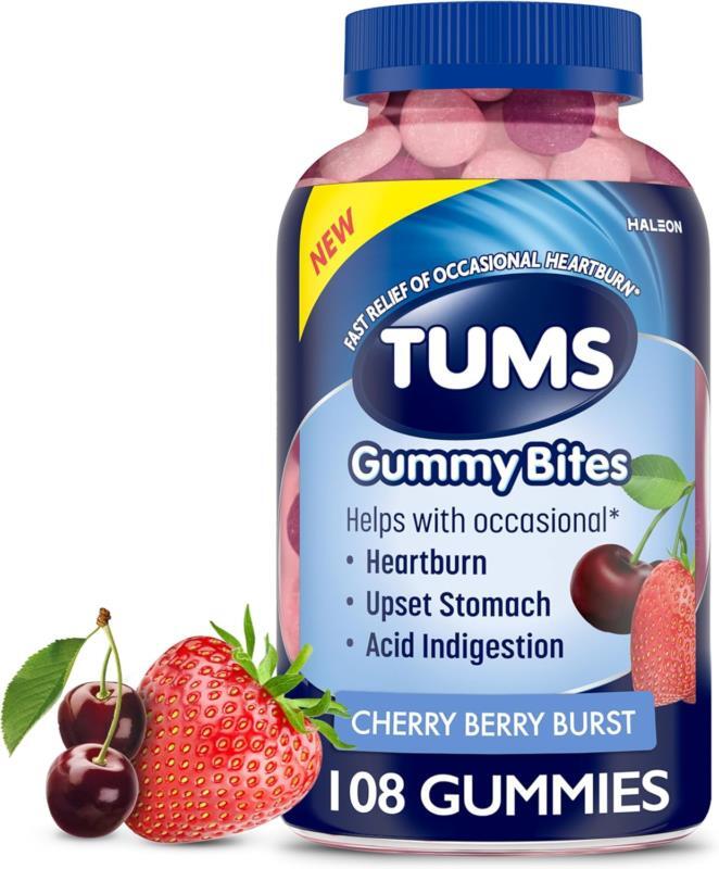 TUMS Gummy Bites Cherry Berry 108 Ct, Heartburn Upset Stomach Acid Relief