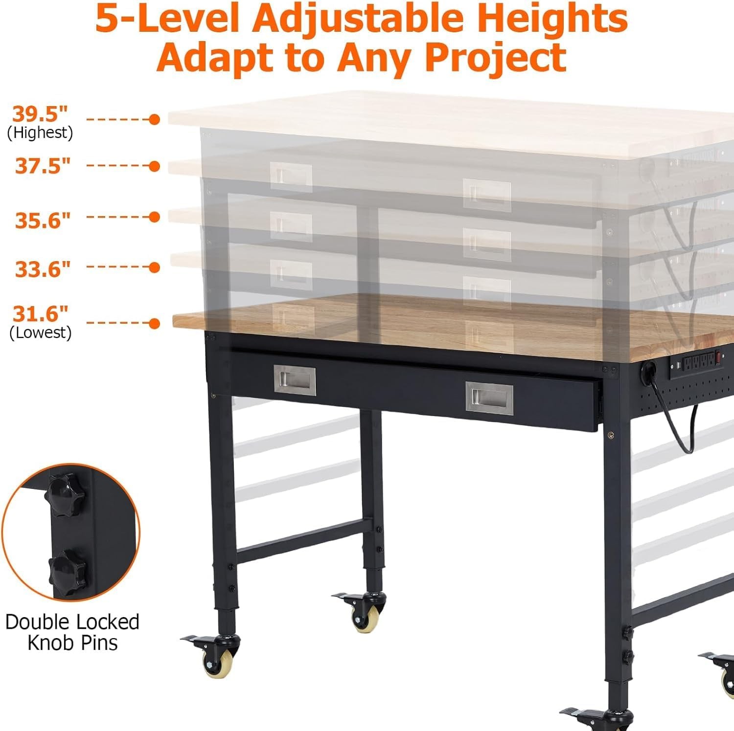 Workbench Adjustable Height 48" x 24" Worktable Heavy Duty Rubber Wood Top