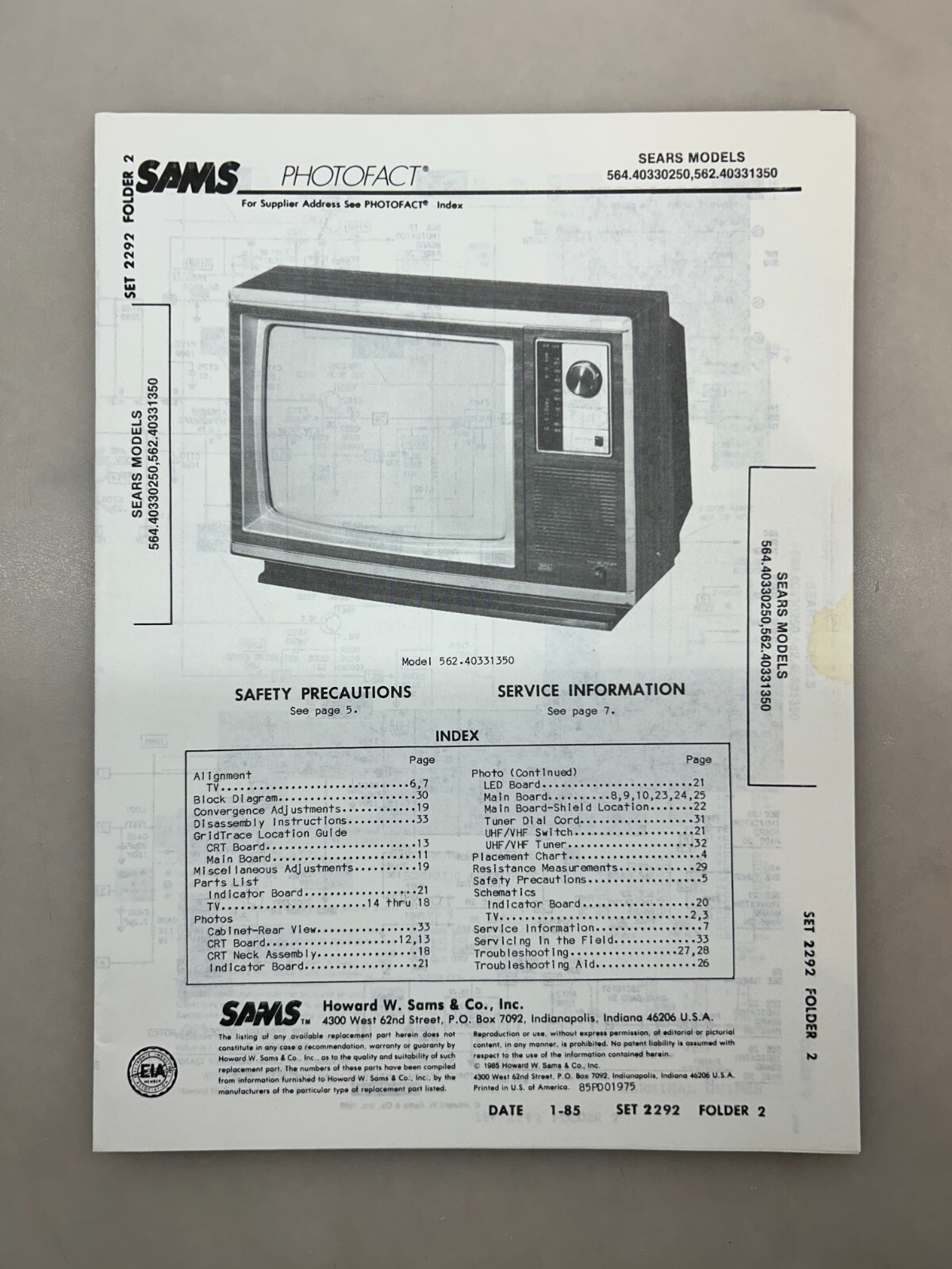 Sears 564.40330250 40331350 Service Manual Sams Photofact Free Shipping