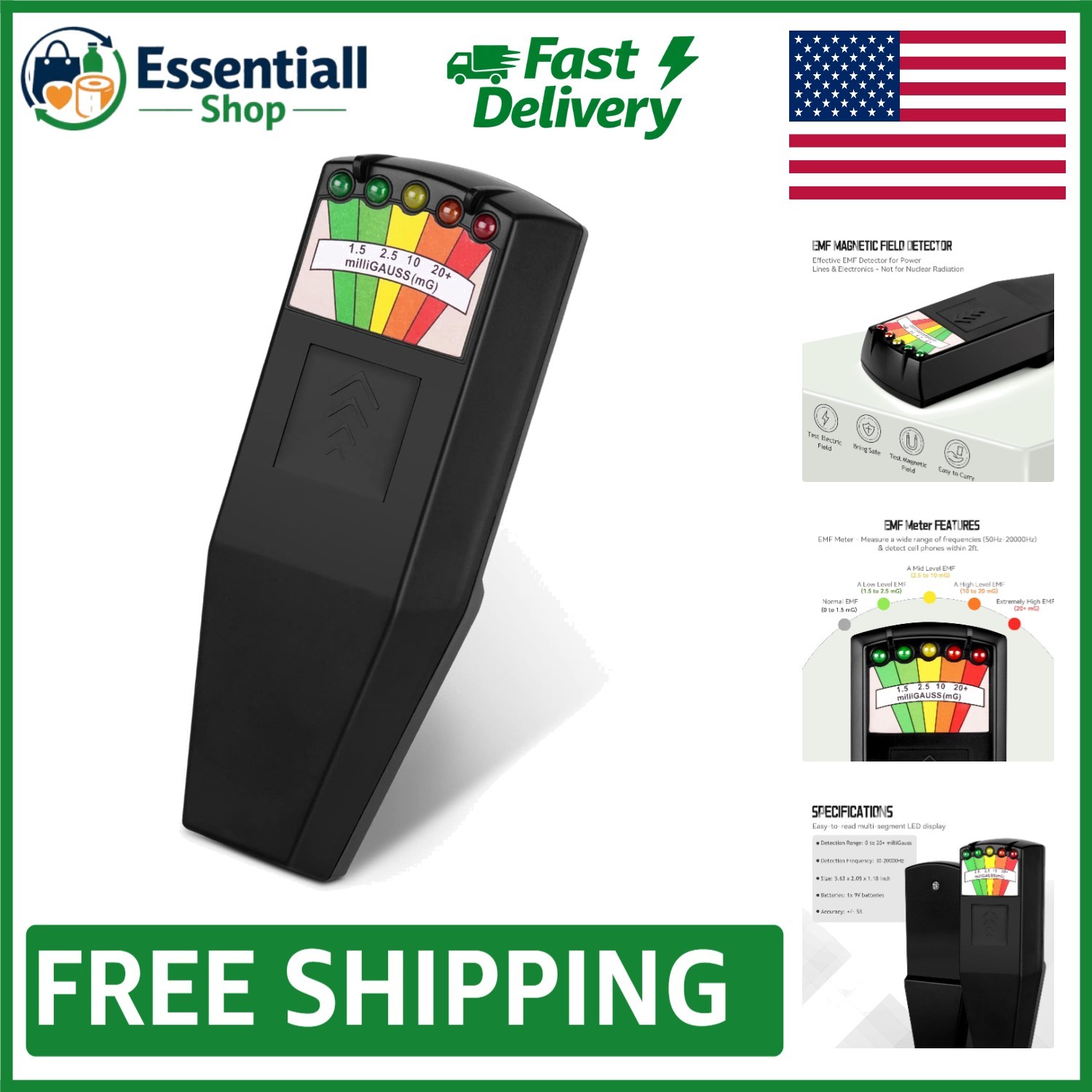 Portable EMF Magnetic Field Detector for Paranormal Investigation - Black LED