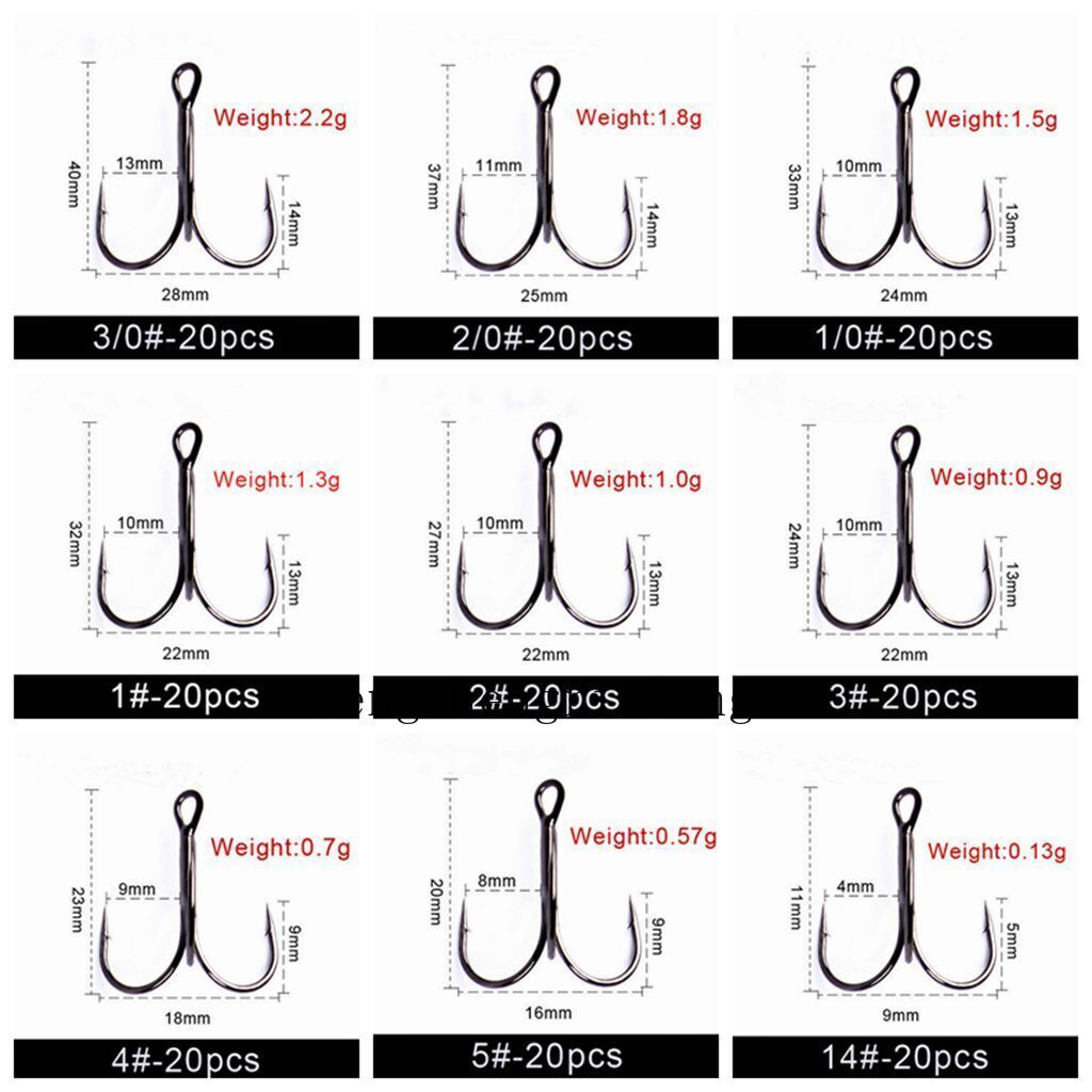 20pcs Black Fishing Hook Sharp Treble Hooks Size 2 4 6 8 10 12 14 1/0 2/0 3/0