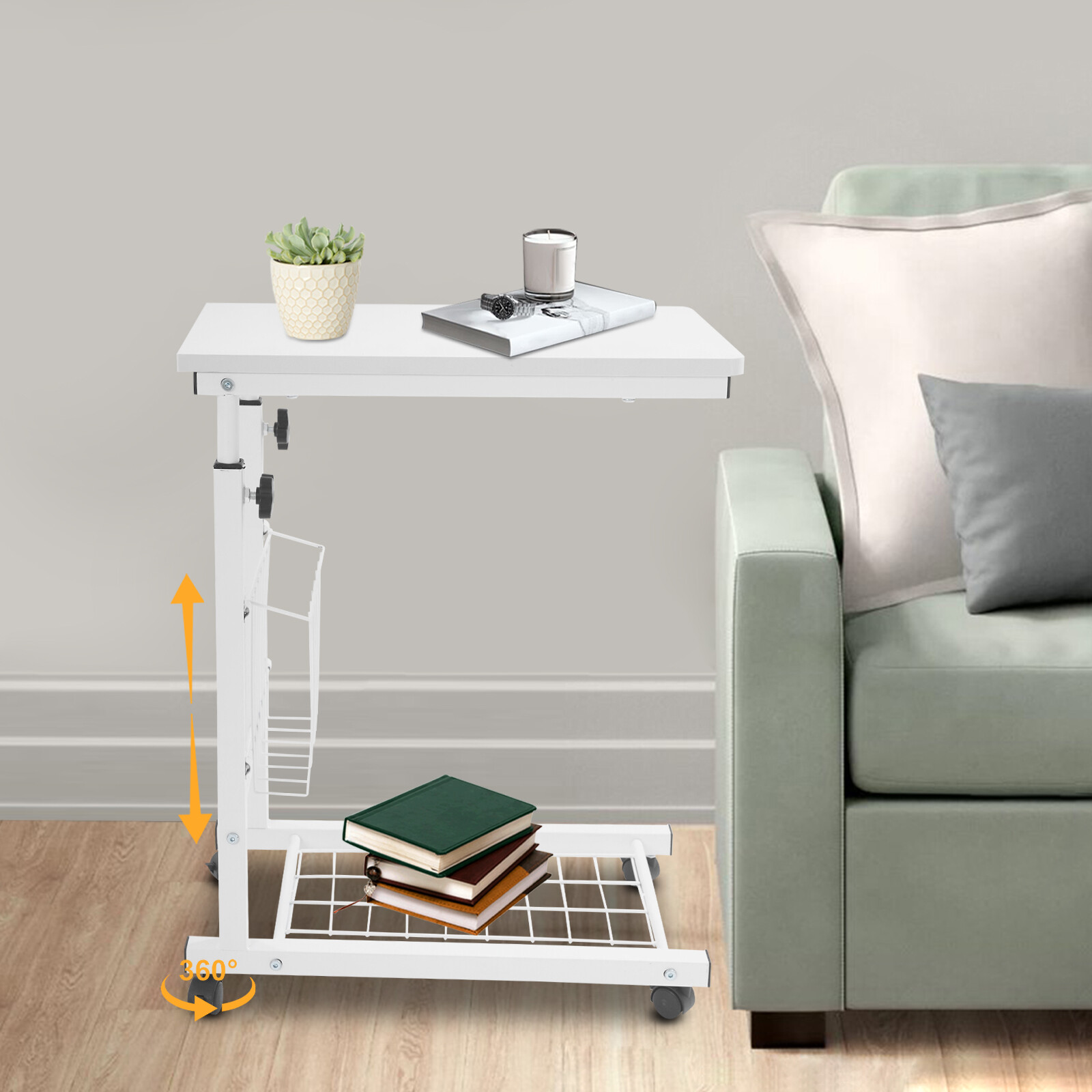 Adjustable Bed Side Table, Side Table with Wheels, Mobile Standalone Table