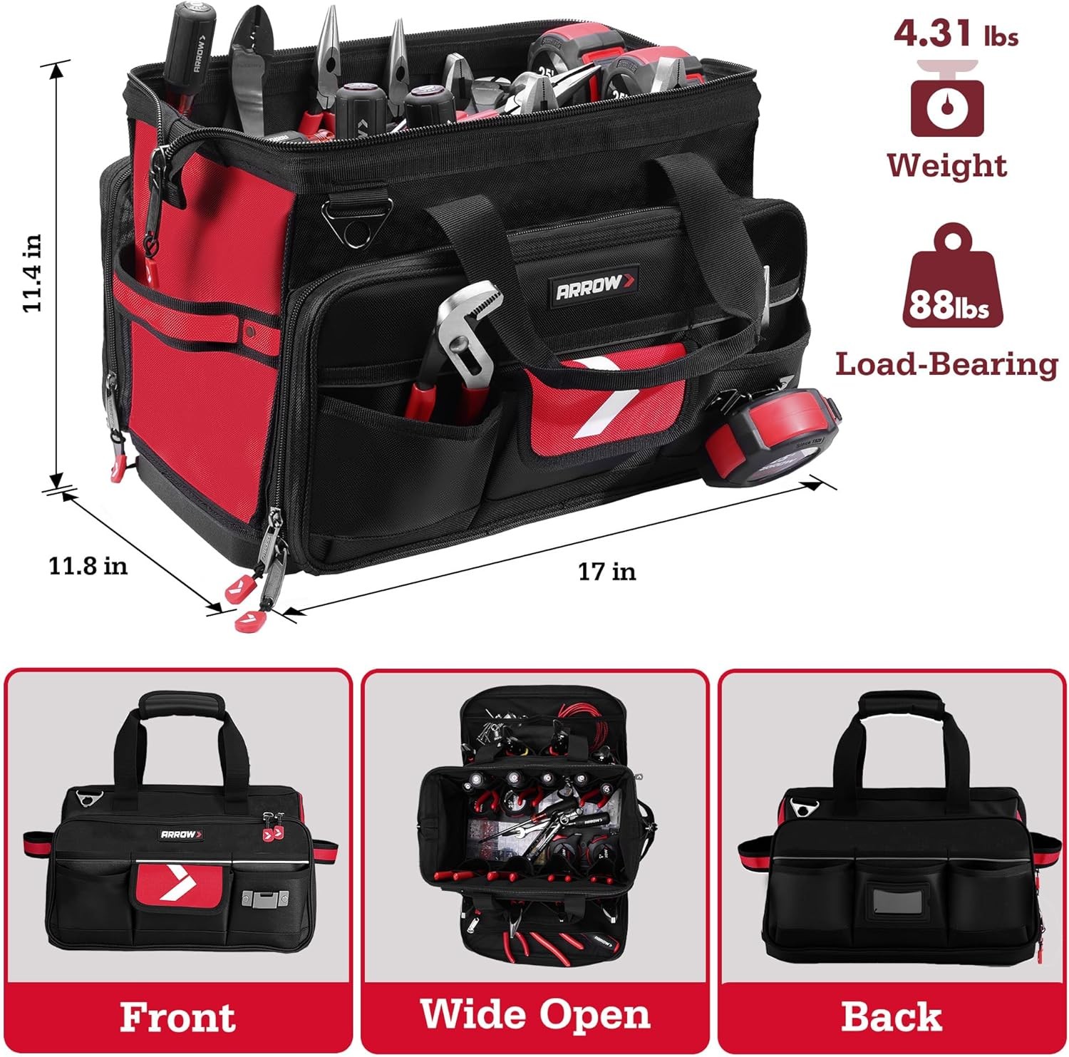 17" Large Tool Bag with 36 Multipurpose Pockets, Tool Bags for Men Heavy Duty