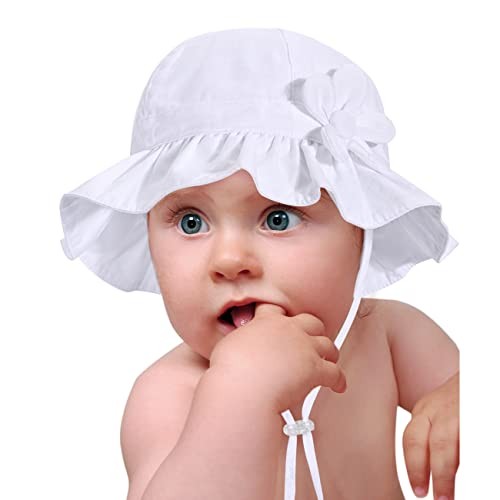 Baby Girl Wide Brim Bucket Hats with UPF 50+ Outdoor 6-12 Months White -Petal