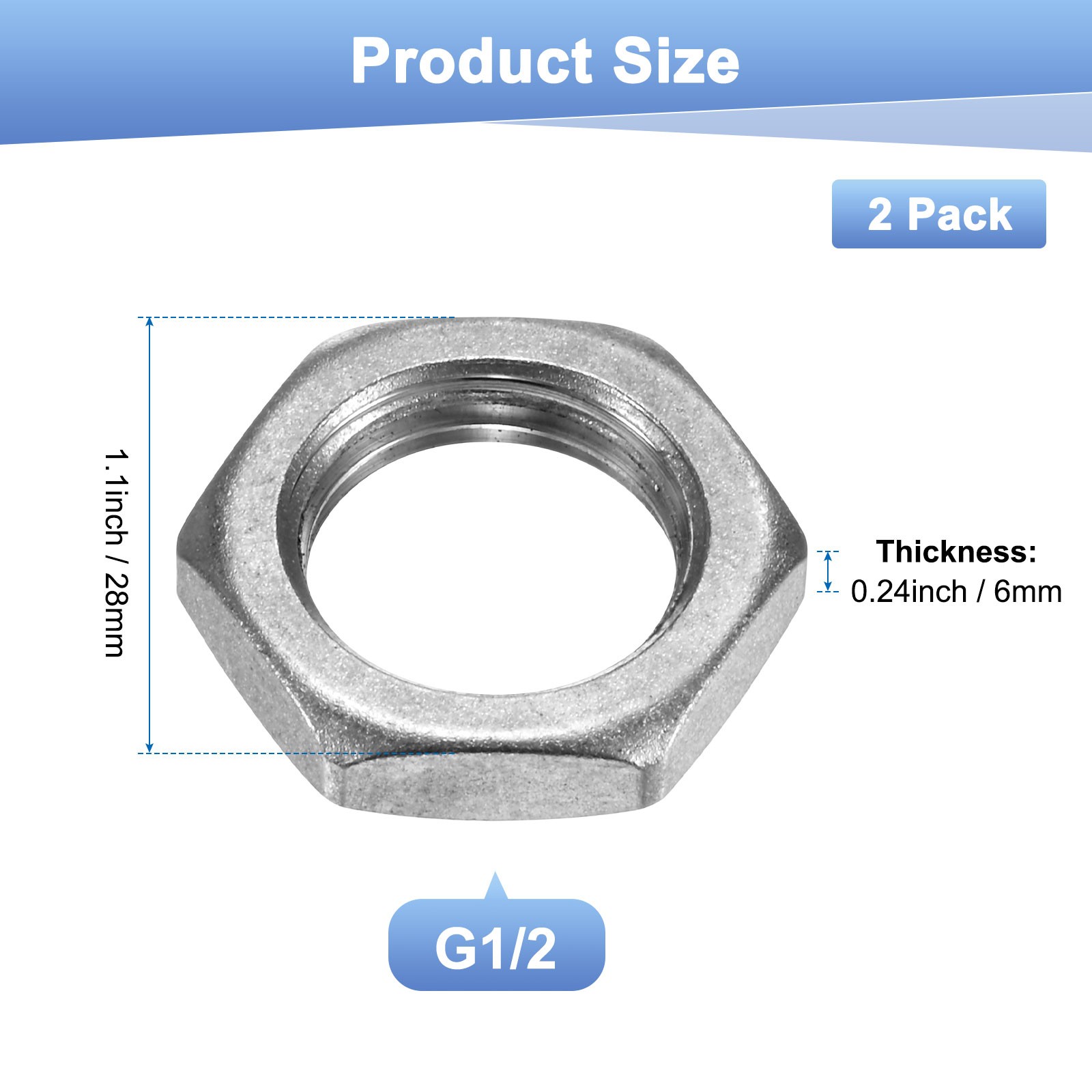 2-Pack Cast Pipe Fitting Hex Locknut, G1/2 Female Thread Hex Locking Nut