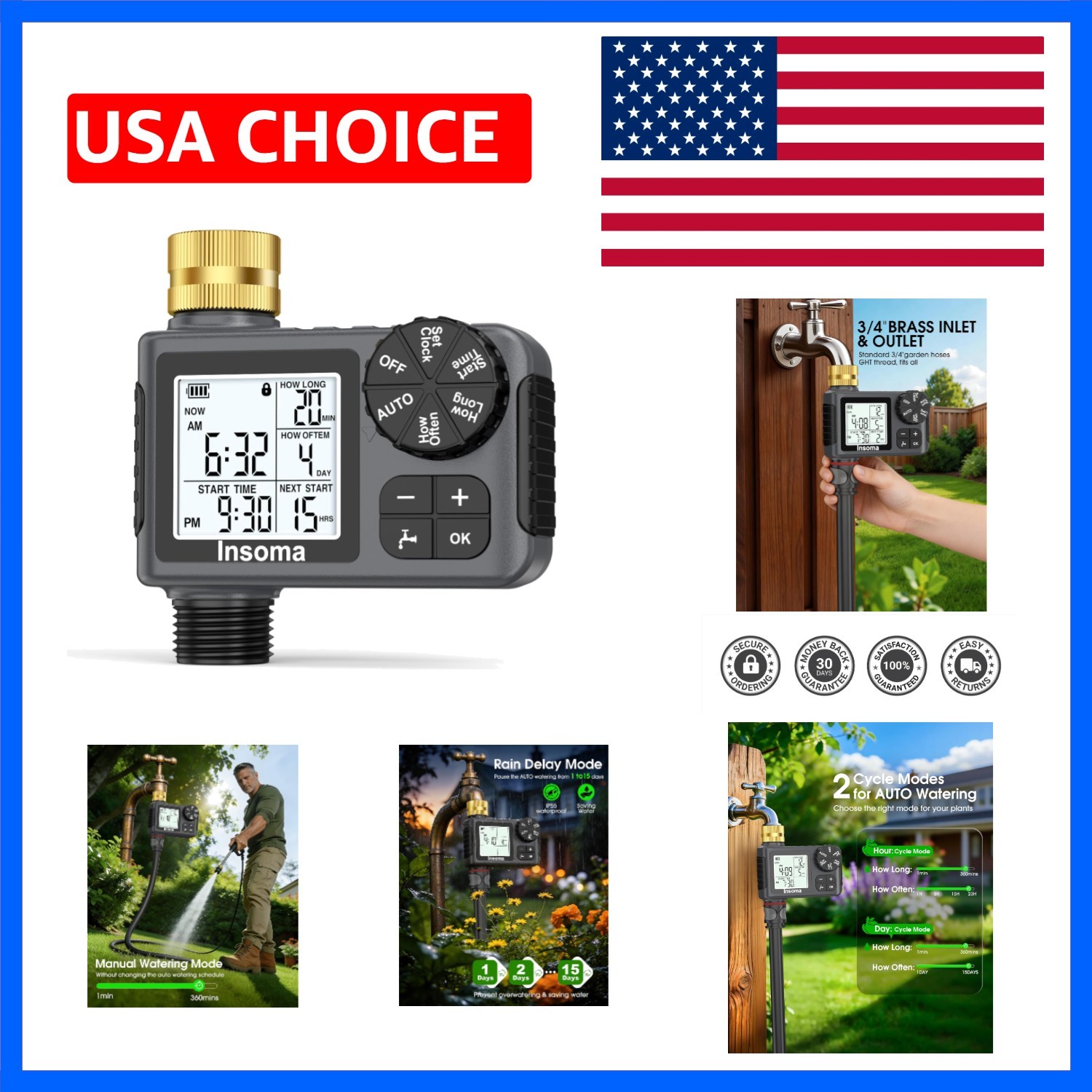 Water Timer for Garden Hose with Brass Inlet, 1 Outlet Sprinkler Timer with A...
