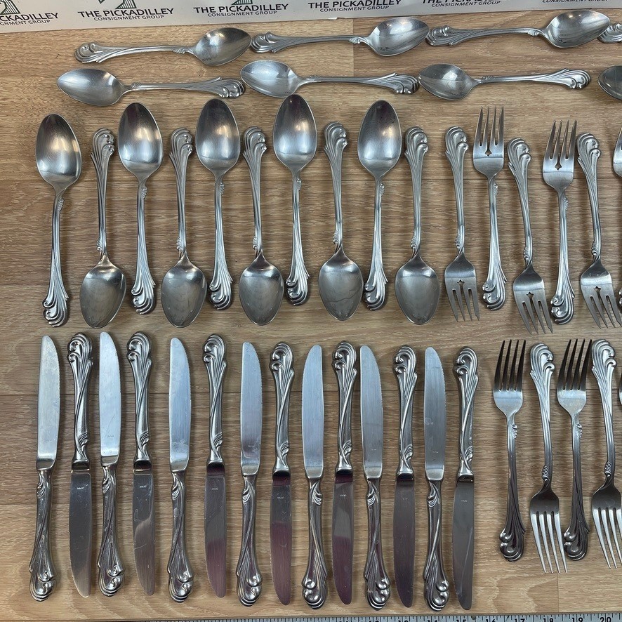 50 Plus 18-8 Stainless Japan Flatware Set Scroll Pattern Knives Forks Spoons