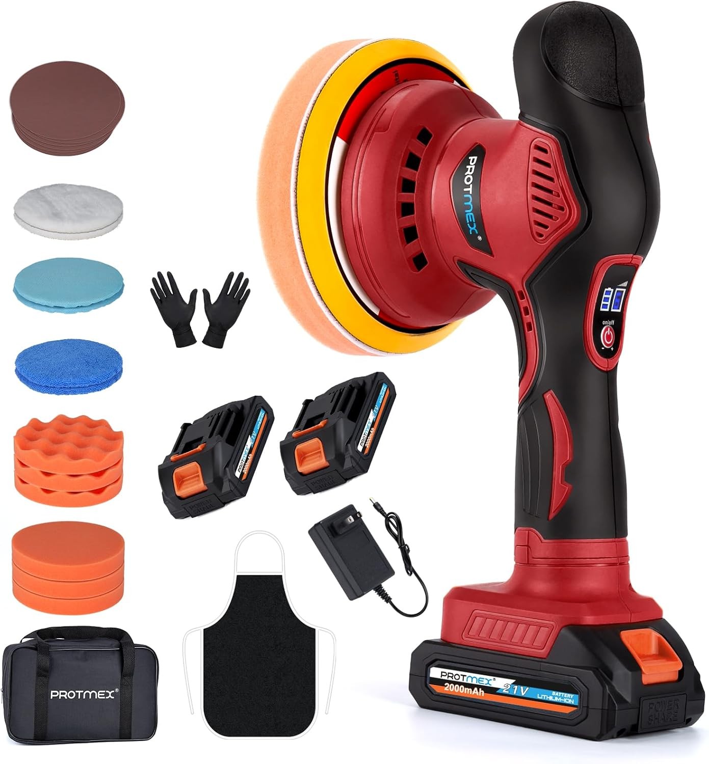 Cordless Car Buffer Polisher w/ 2x2000mAh 21V Batteries, 6 Inch Red