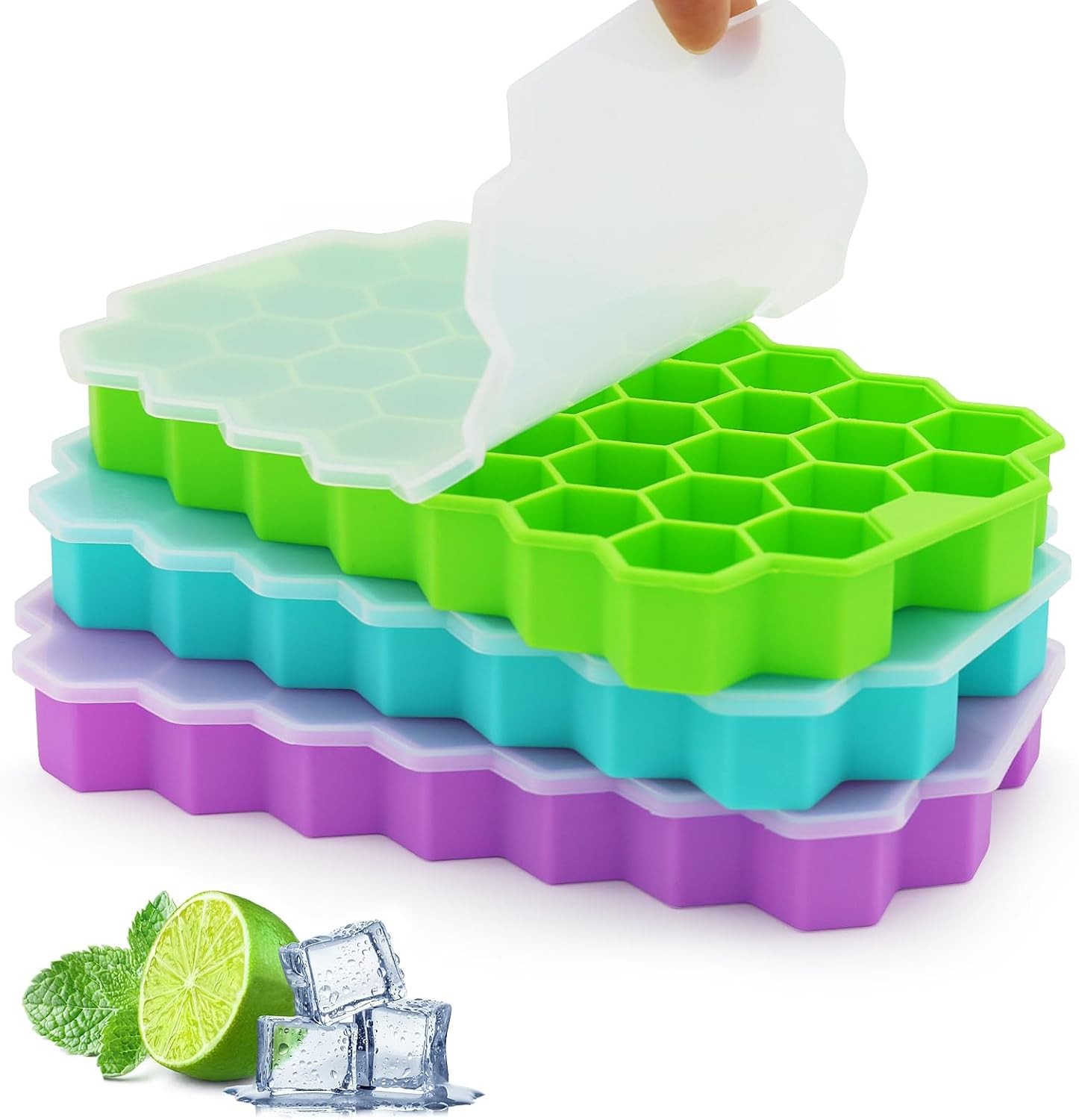 Ice Cube Trays for Freezer, 3 Pack Ice Cube Tray with Lid, Silicone Ice Cube