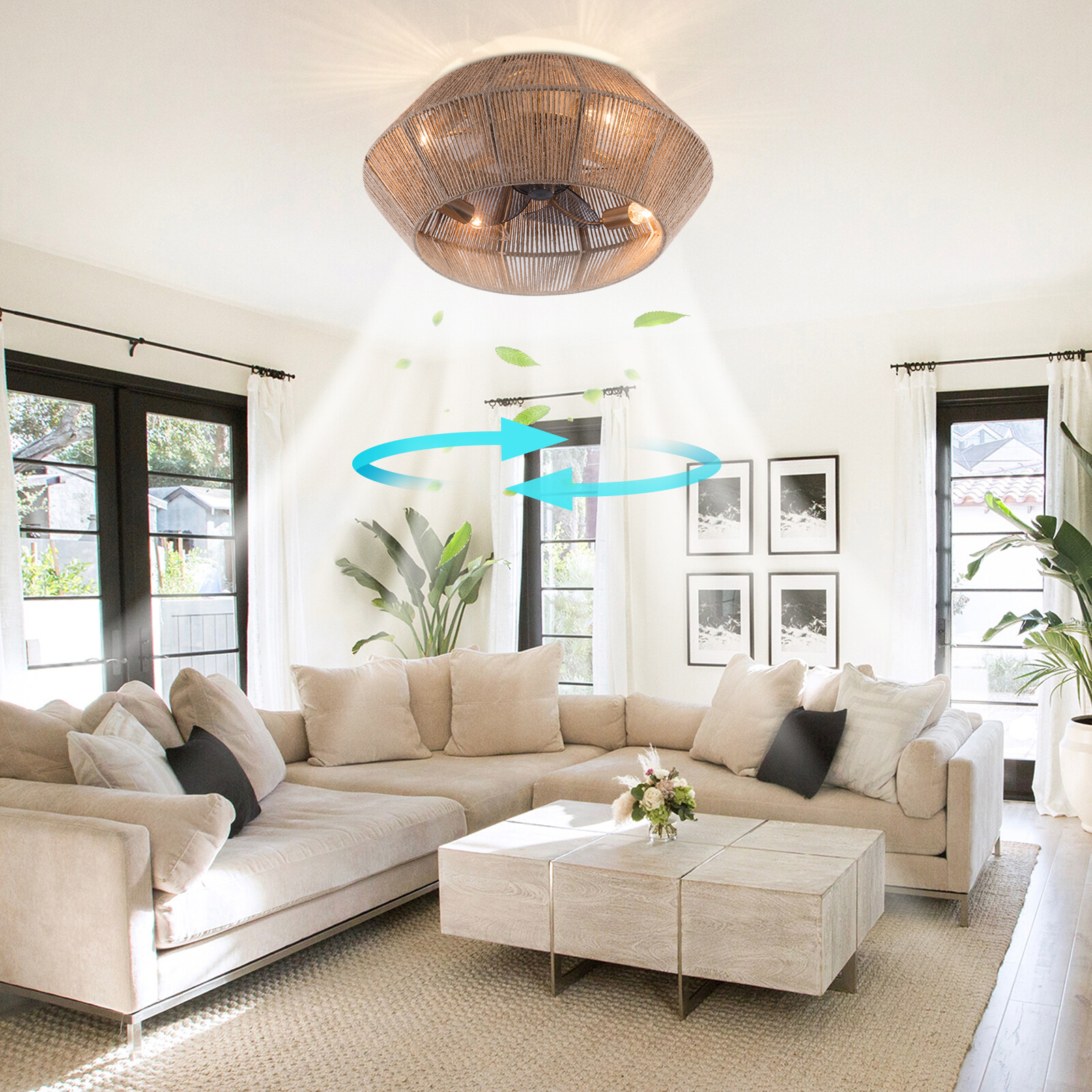 Boho Ceiling Fan Rattan Caged Flush Mount Fan Light +Remote Control Ceiling Fan