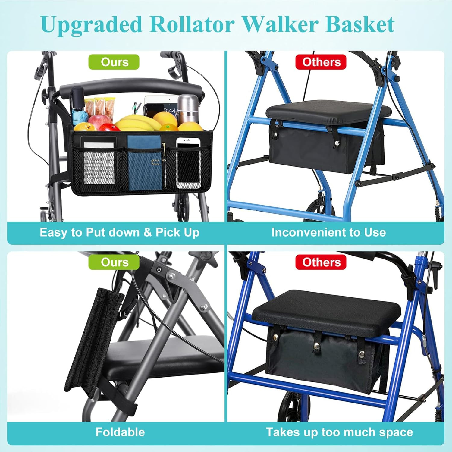 Dotday Rollator Basket, Rollator Walker Bag with Cup Holder, Folding Rollator Wa