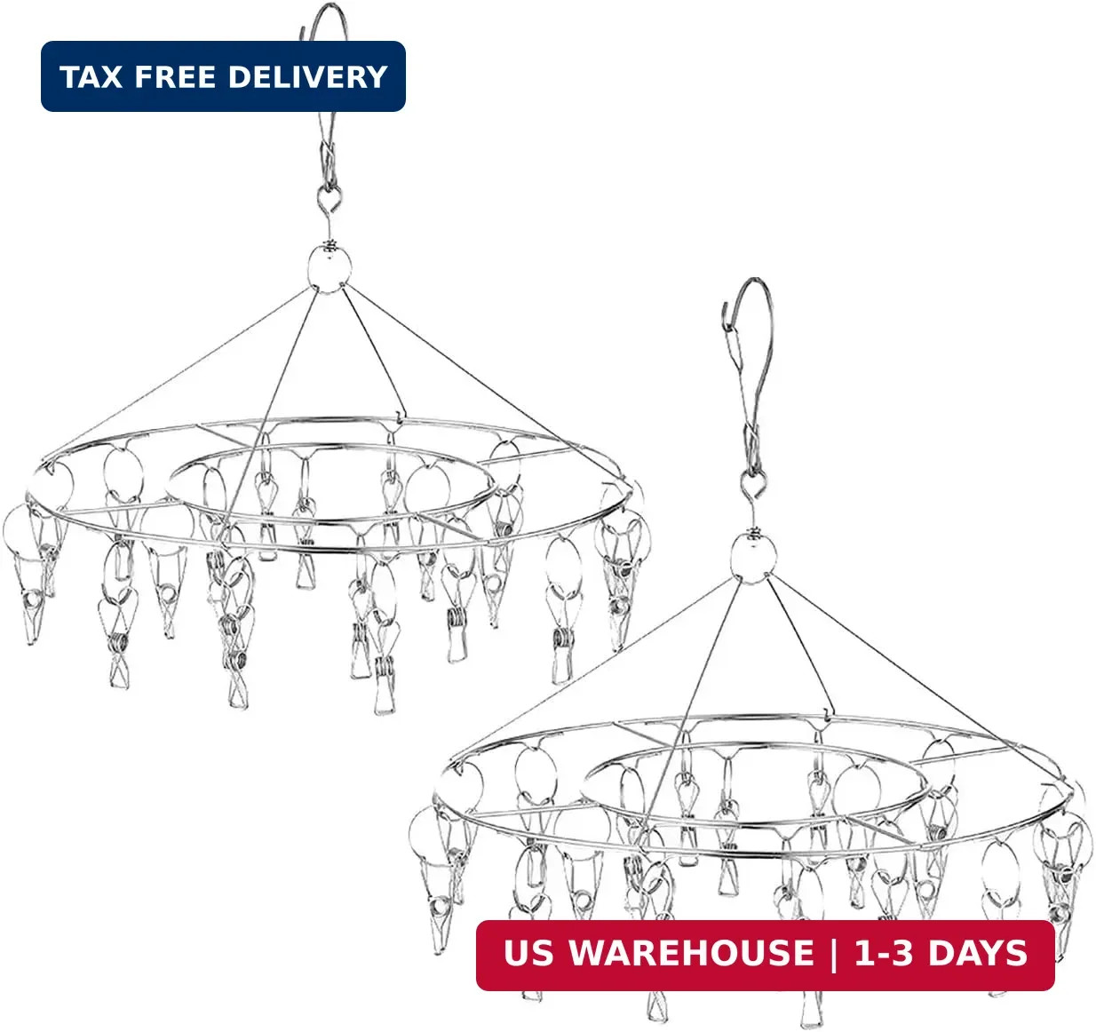 CenYouful 2 Pack Stainless Steel Round Hanging Drying Rack with 20 Clips for Dry