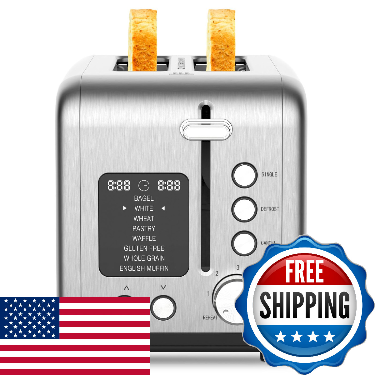 2-Slice Bagel Toaster Stainless Steel with Screen- Single Slice Function for Sin