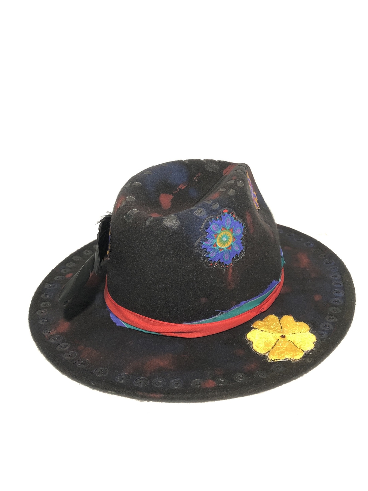 Tazzle’s 1of1 Custom Western Fedora Hat-Black Felt, Colorful Flowers, Cross Etc