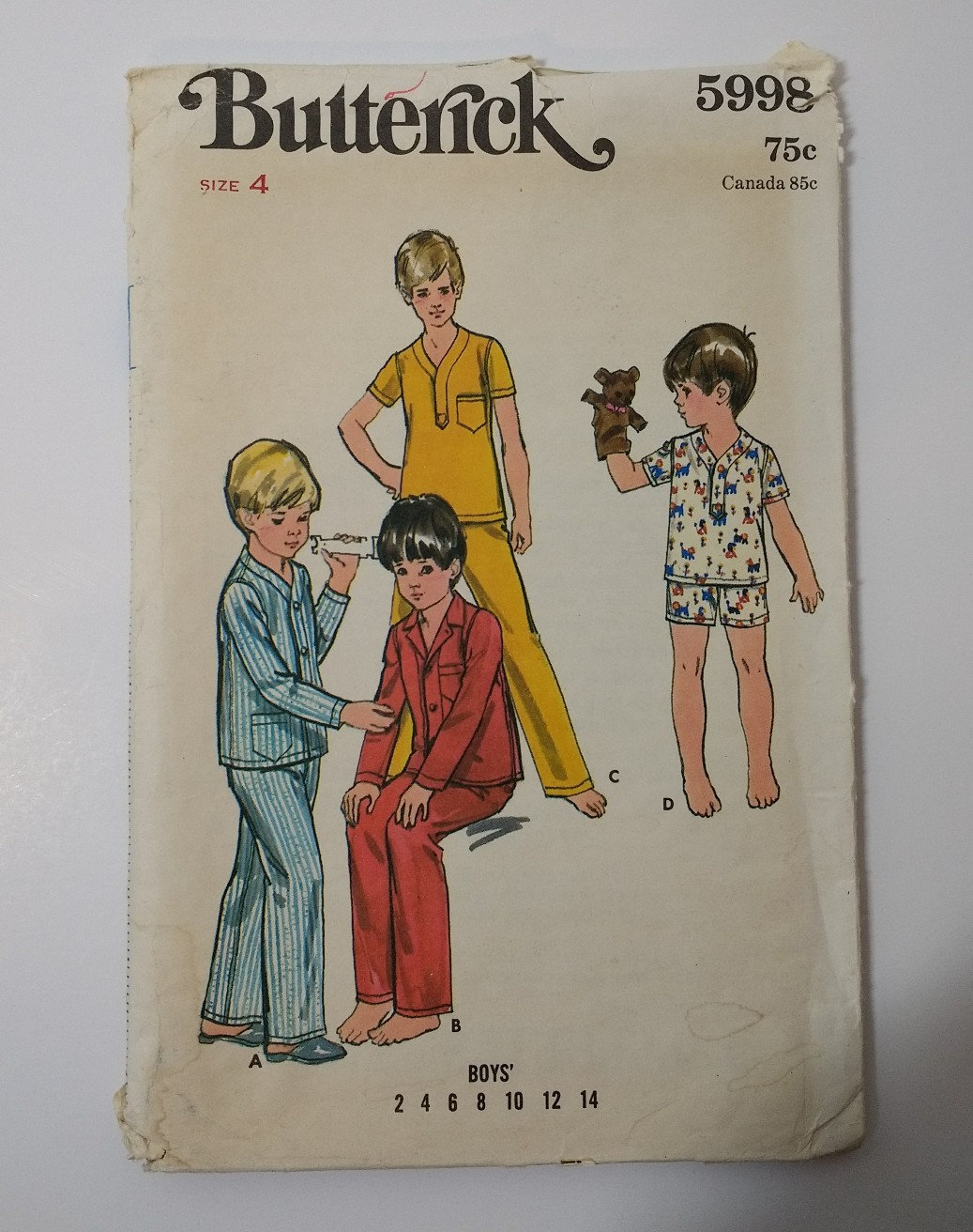 Butterick 5998 Size 4 Boys' Pajamas