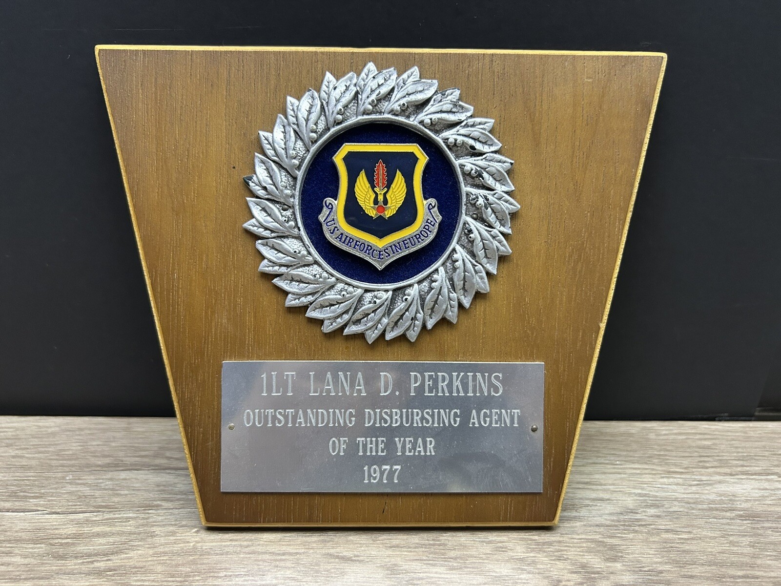Vintage 1977 US Air Forces In Europe 1LT LANA D. PERKINS Wooden Award Plaque