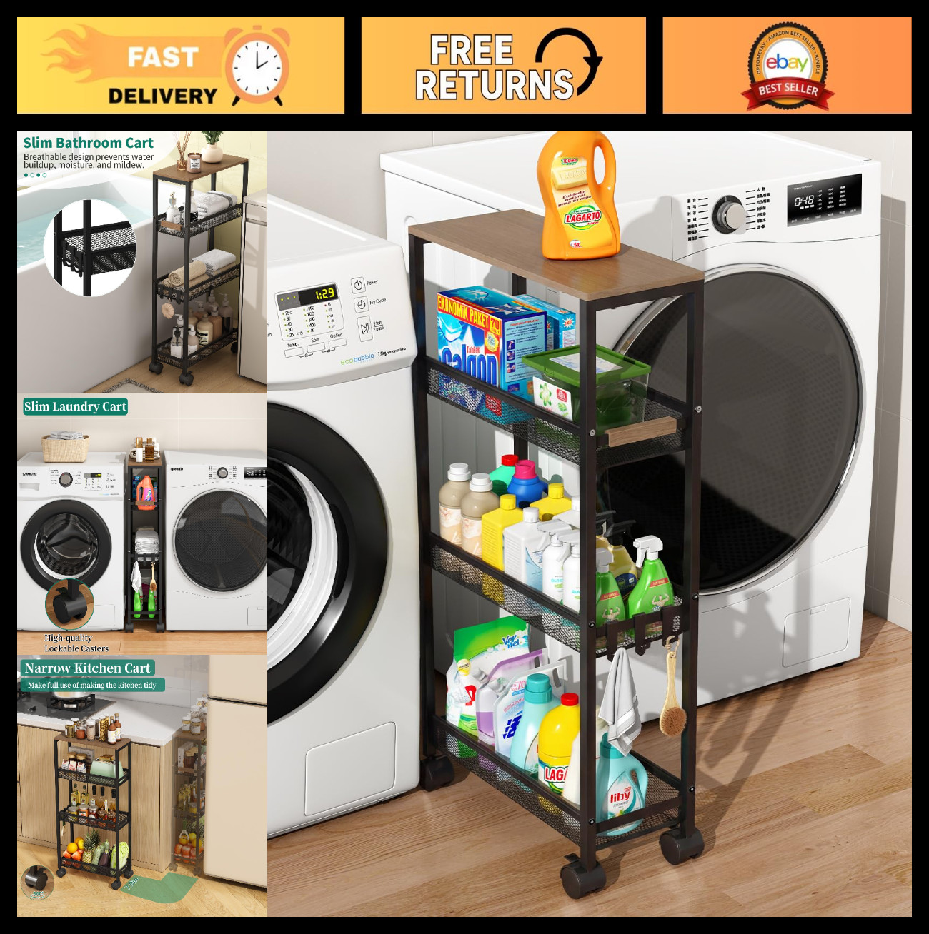 4-Tier Rolling Storage Cart with Wheels, Slim Organizer for Bathroom, Kitchen &