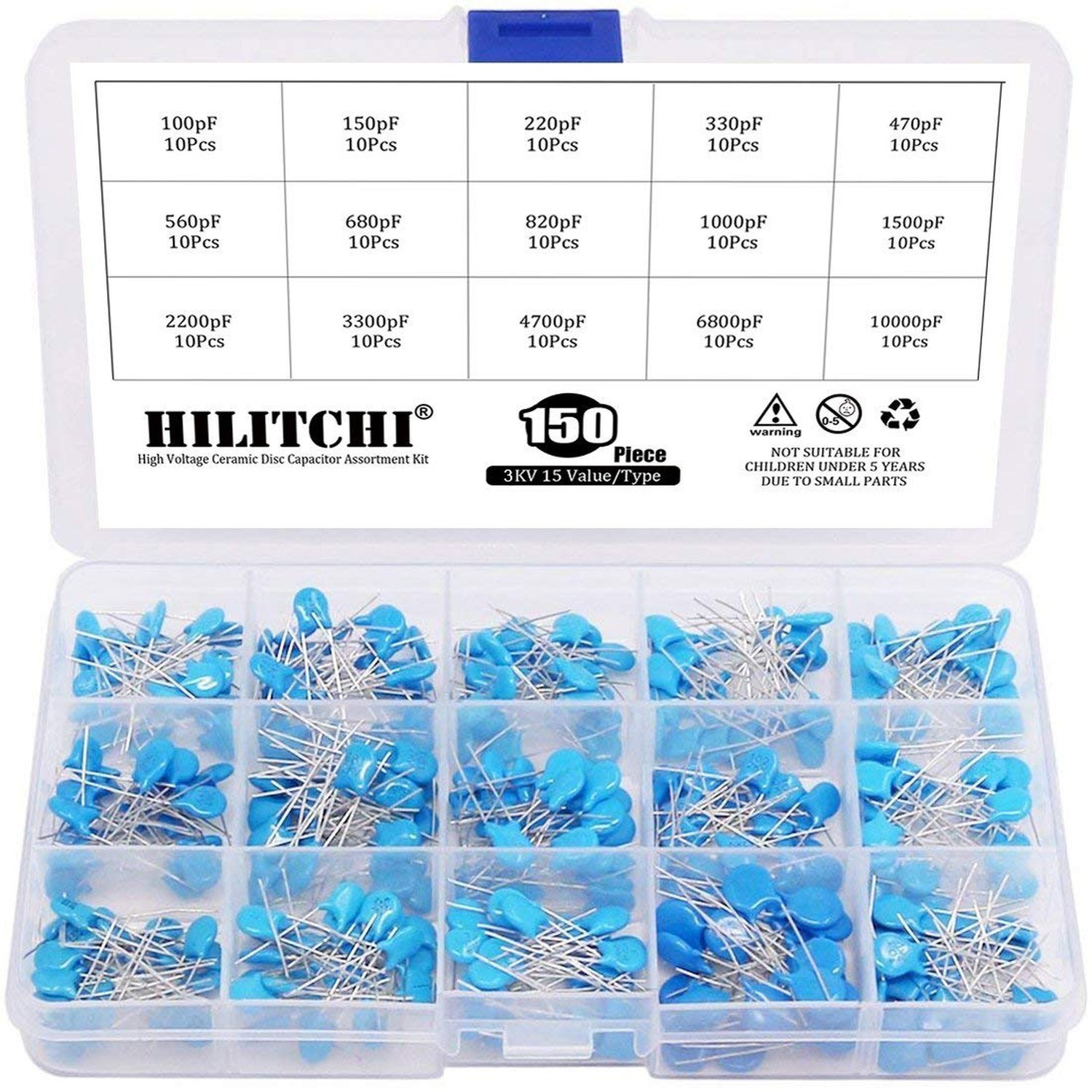 3KV / 100pF to 10000pF High Voltage DIP Ceramic Capacitor Assortment Kit, 150...