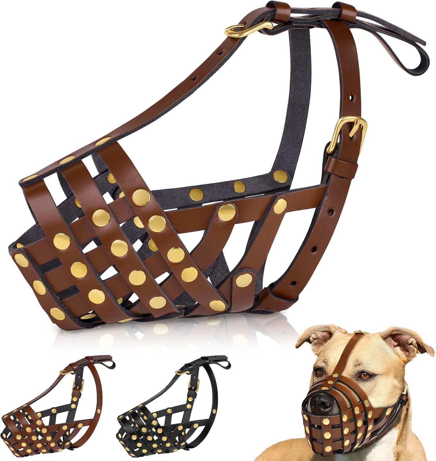 Pitbull Dog Muzzle for Large Dogs - Leather Breathable Size 4 - Pitbull Brown