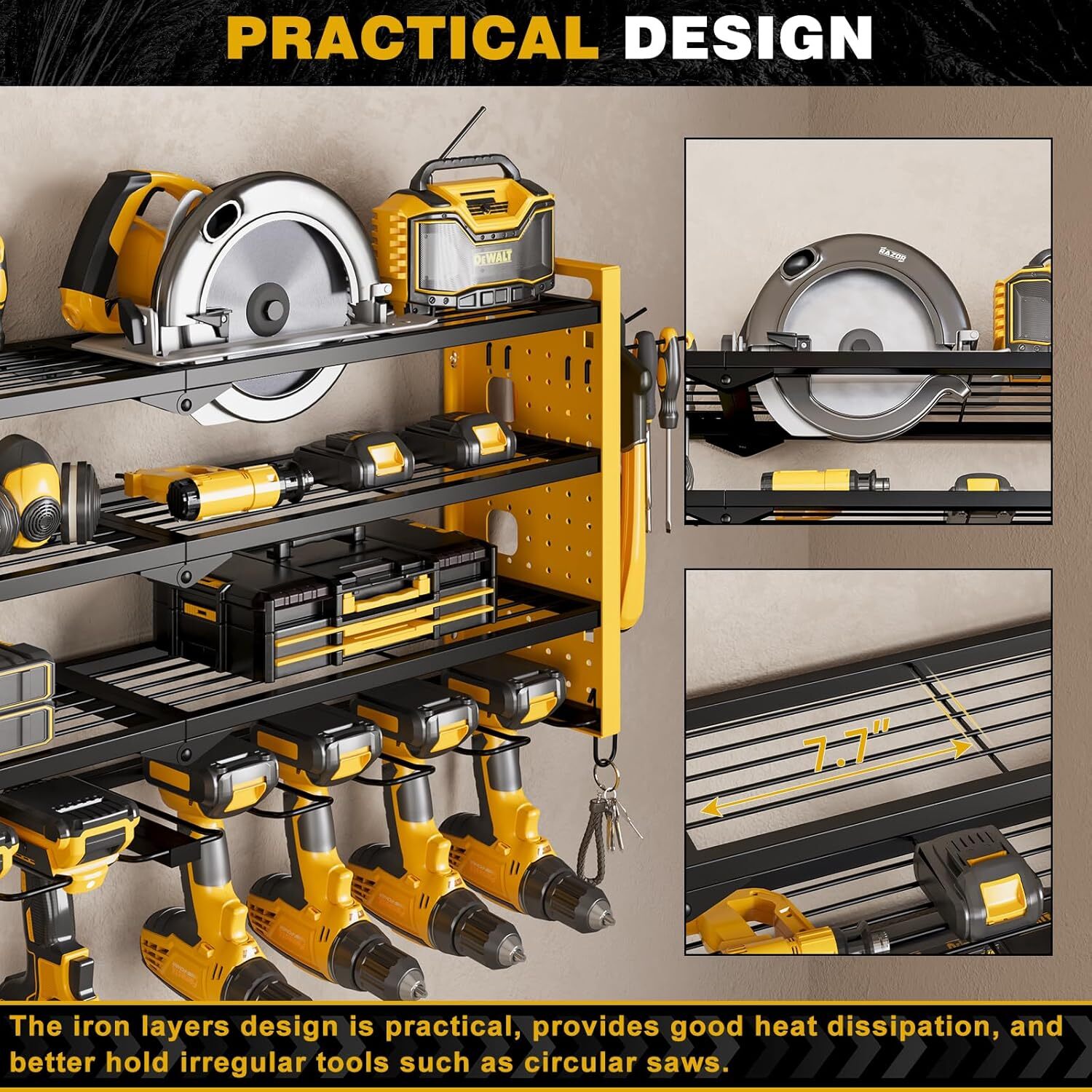 Wall Mounted Power Tool Organizer,4-Tier Tool Rack with 8 Drill Holders (Yellow)