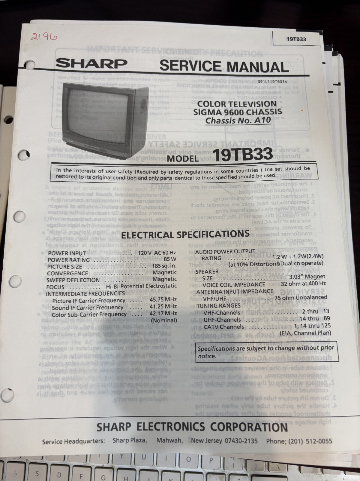 ORIG. SHARP 19TB33 TV Repair & Service Manual *ORIGINAL*