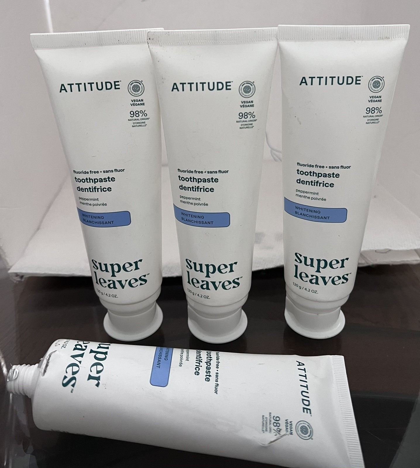 4pk-ATTITUDE Whitening Toothpaste with Fluoride, Peppermint Flavor, Vegan 4.2 oz