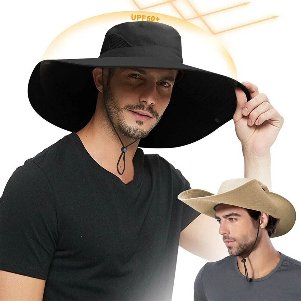 Men Super Wide Brim Sun Hat UPF 50+ Protection Waterproof Bucket Hat for Fishing