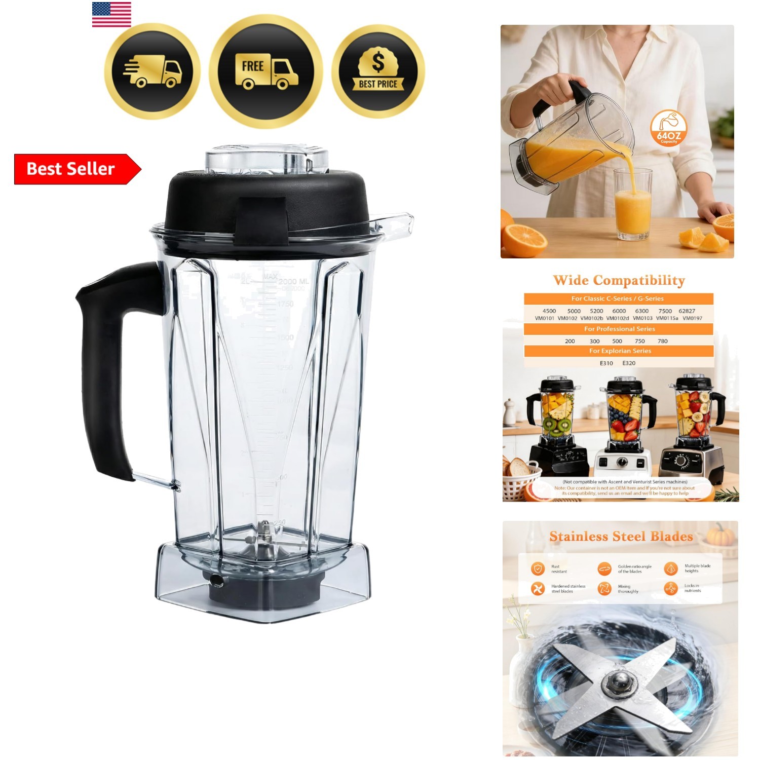 Blender Pitcher 64oz, Compatible with 5200, 5000, 5300, 6300, 7500, 750, E310...