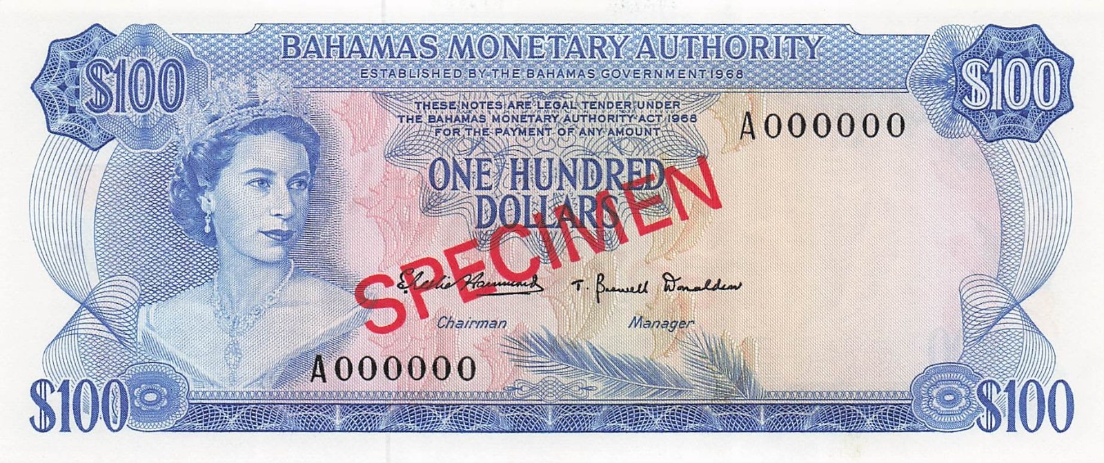 Bahamas  $100  Specimen  1968  Series  A  Que. II  Uncirculated Banknote  HJ S