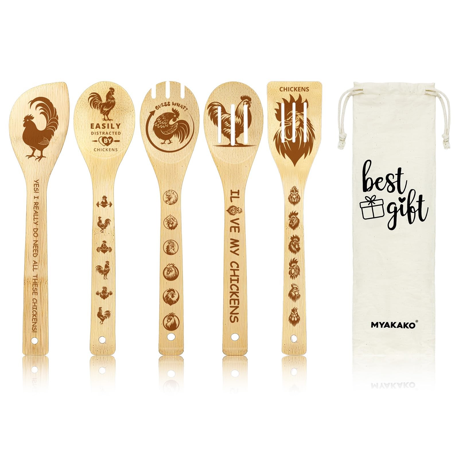 Rooster Cooking Spoons Set with Cute Canvas Bag, 5Pcs Bamboo Non-Stick Cookin...