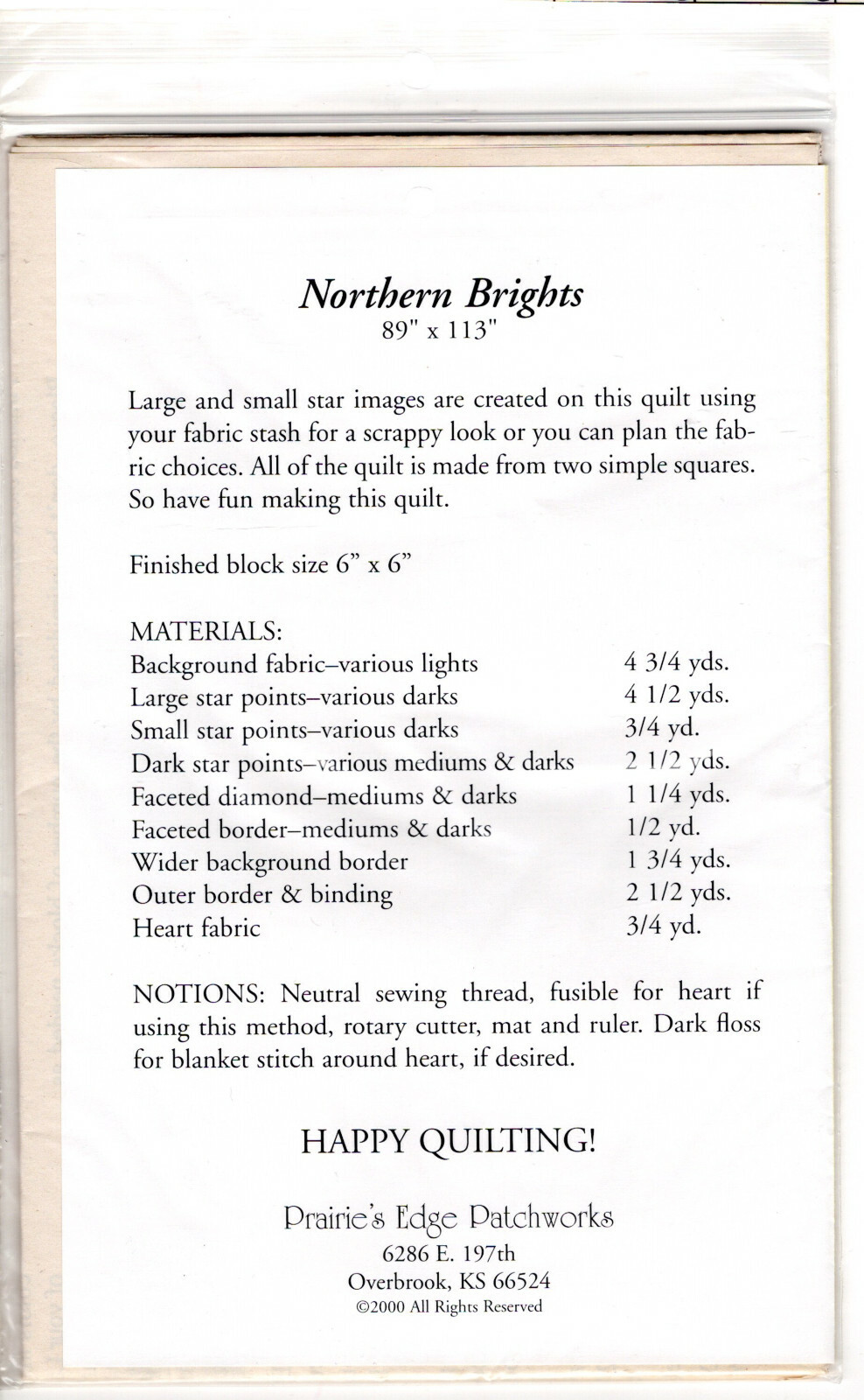 "Northern Brights" ©2000 Prairie's Edge Patchworks Quilt Pattern/Inst Pack 00621