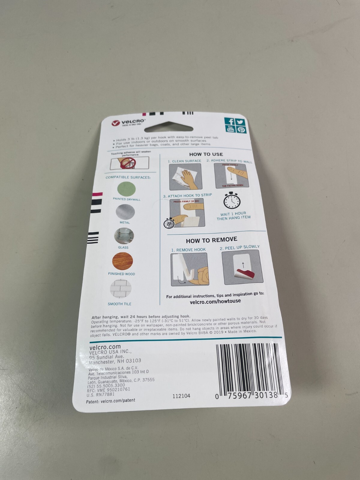 Velcro Hangables 3lb Removable White Wall Hanger (6x 2 Pack)