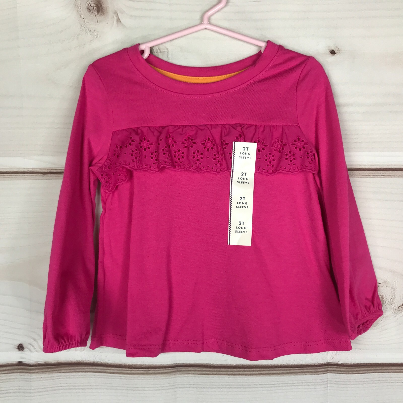 Cat & Jack Top Girls 2T Toddler Pink Eyelet Long Sleeve Crew Neck T-Shirt Solid